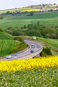 Traffic on a road bridge in rural landscape