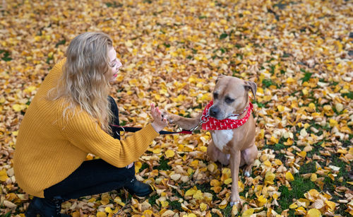 Low section of woman with dog during autumn