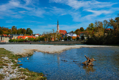 Bad tolz - picturesque resort town in bavaria, germany in autumn and isar river