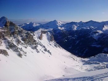 Scenic view of snow covered mountains against sky