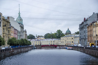 Bridge over river by buildings in city against sky