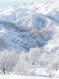 Aerial view of snow covered landscape against sky