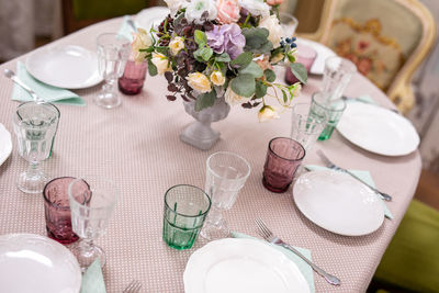 High angle view of flower vase on table