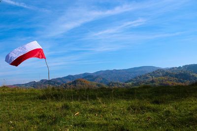 Red flag on landscape against mountain range