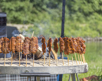 Close-up of meat on barbecue grill