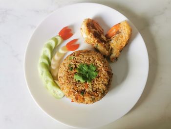 High angle view of food in plate on table