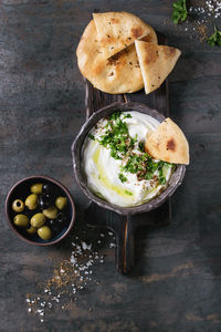 High angle view of food in bowl on table