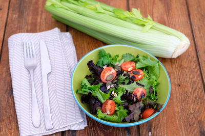 High angle view of salad in bowl on table