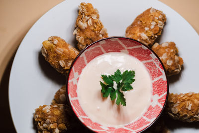 High angle view of food served in plate