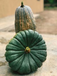 Close-up of pumpkin on wood during halloween