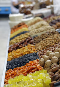 Dried fruit at the famous green bazaar in almaty, kazakhstan