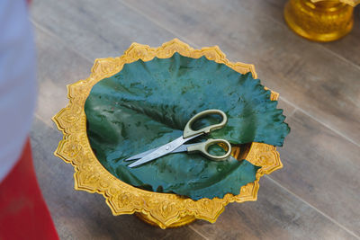 High angle view of scissors on leaf