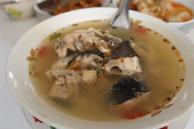 Close-up of soup in bowl on table