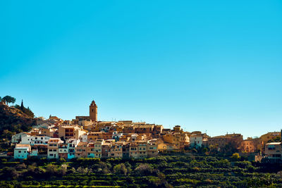 Cityscape against clear blue sky