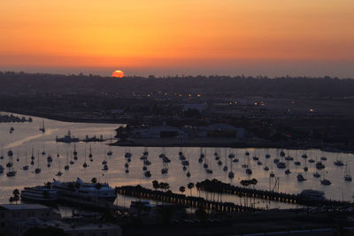 High angle view of city during sunset