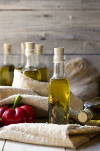 Close-up of wine bottles on table