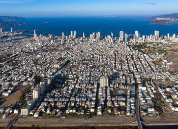 High angle view of buildings in city