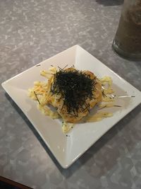 High angle view of dessert in plate on table