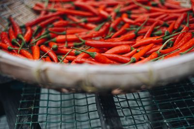 Close-up of red chili peppers in container