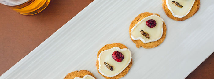 High angle view of cookies in plate on table