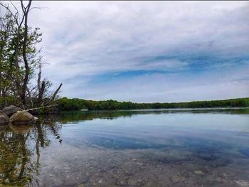 Scenic view of lake against cloudy sky