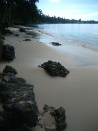 Rocks on beach against sky