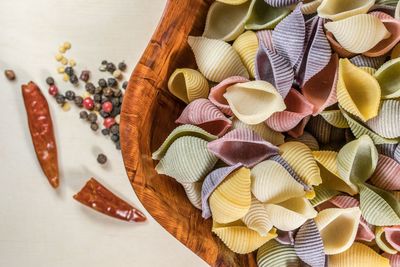 High angle view of pasta in bowl on table