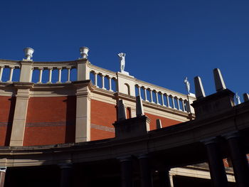 Low angle view of built structure against clear blue sky