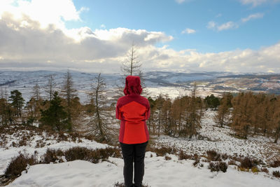 Rear view of person standing on snow covered land