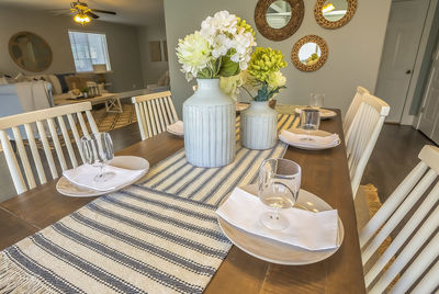 High angle view of dining table and chairs in restaurant