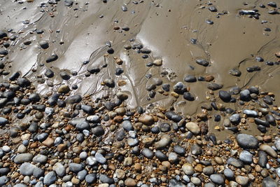 High angle view of stones on beach