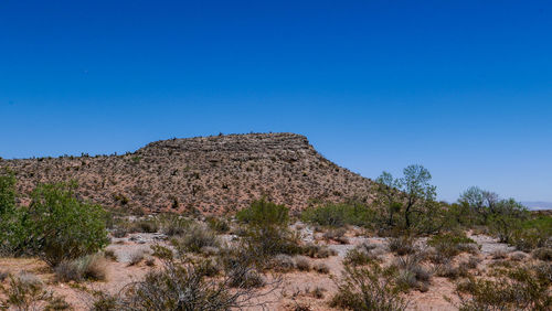 Scenic view of mountain against clear blue sky