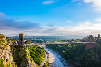 View of suspension bridge against cloudy sky