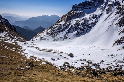 Scenic view of snow covered mountains against sky