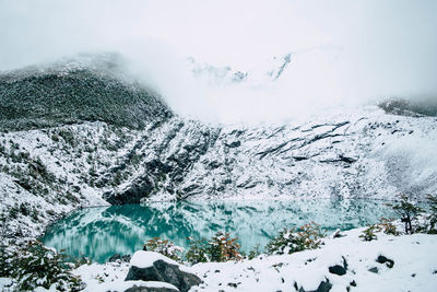 Glacial lake surrounded by snowy mountains in winter