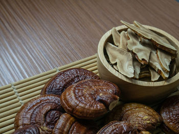 High angle view of shells on table
