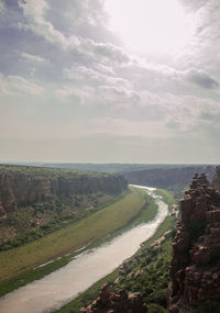 High angle view of calm river along landscape