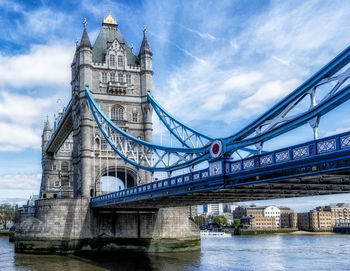 Low angle view of suspension bridge over river against sky