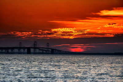 View of suspension bridge over sea during sunset