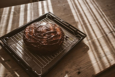 High angle view of chocolate cake on table