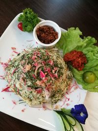 High angle view of salad in plate on table