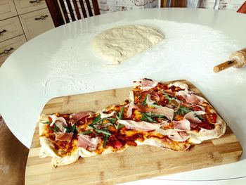 High angle view of pizza on table