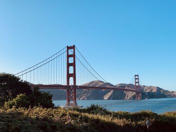 View of suspension bridge against clear sky