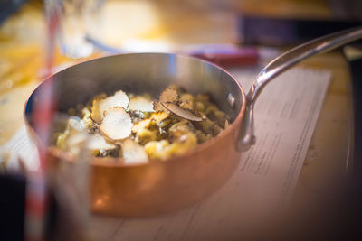 High angle view of soup in bowl on table