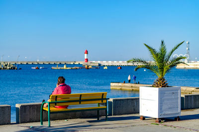 Rear view of woman sitting on bench by sea against clear blue sky