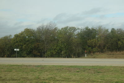 Trees by road against sky