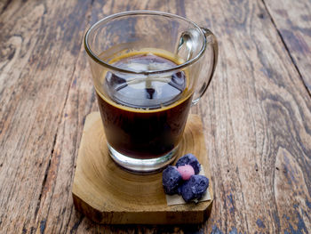 High angle view of drink in glass on table