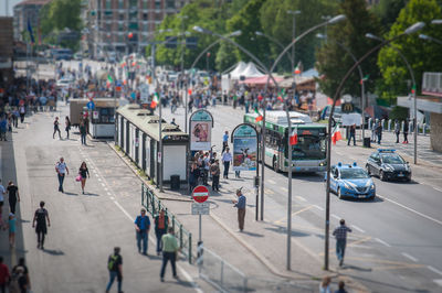 High angle view of people on road in city