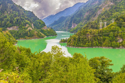 Scenic view of lake and mountains against sky