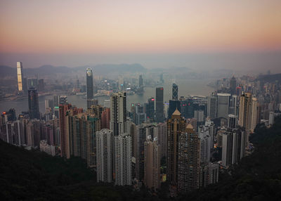 Panoramic view of city buildings against sky during sunset